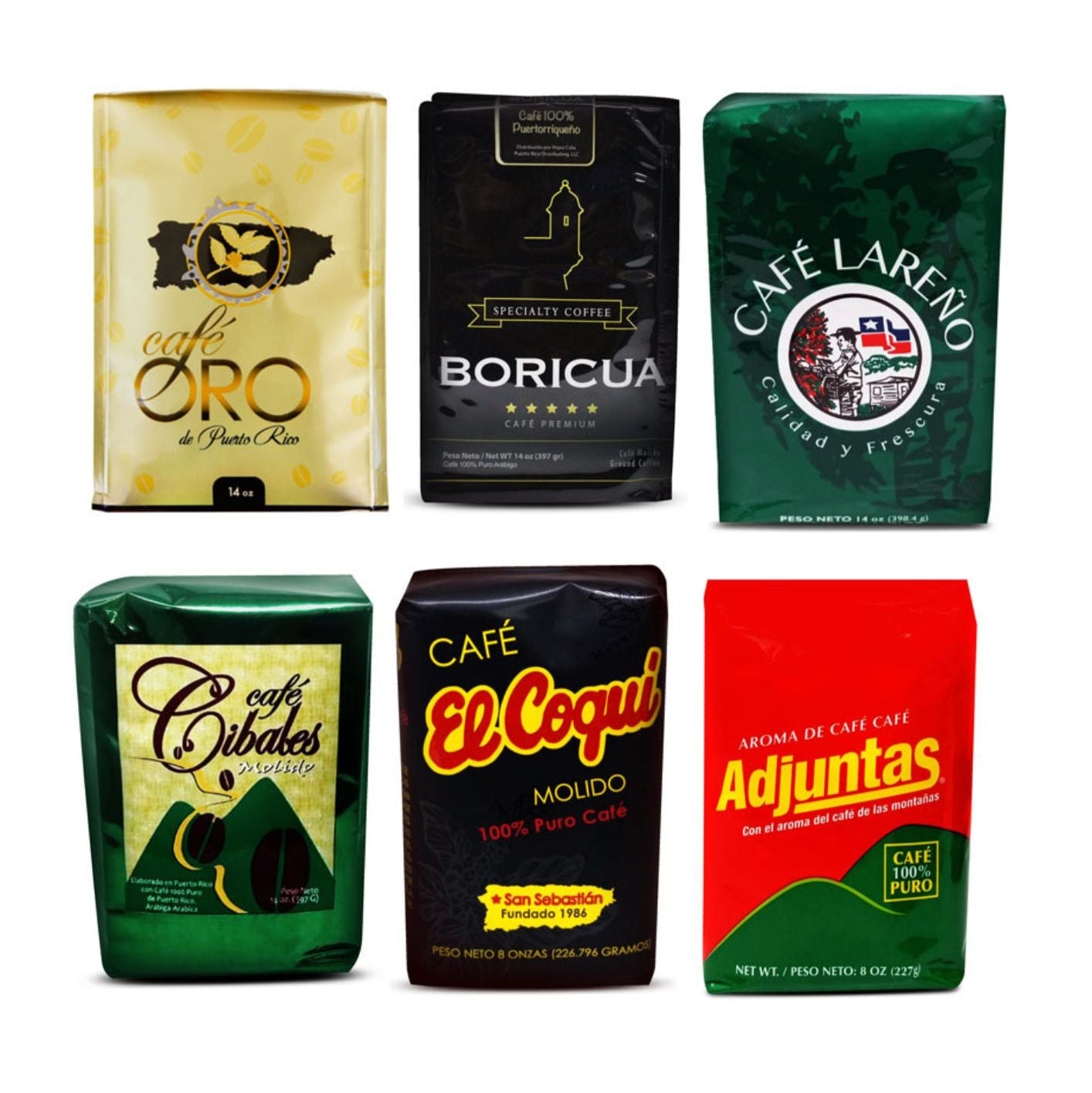 Gift Pack de Café de Puerto Rico, Oro, Lareño, Coqui, Adjuntas, Cialenñbo y Boricua 14oz.