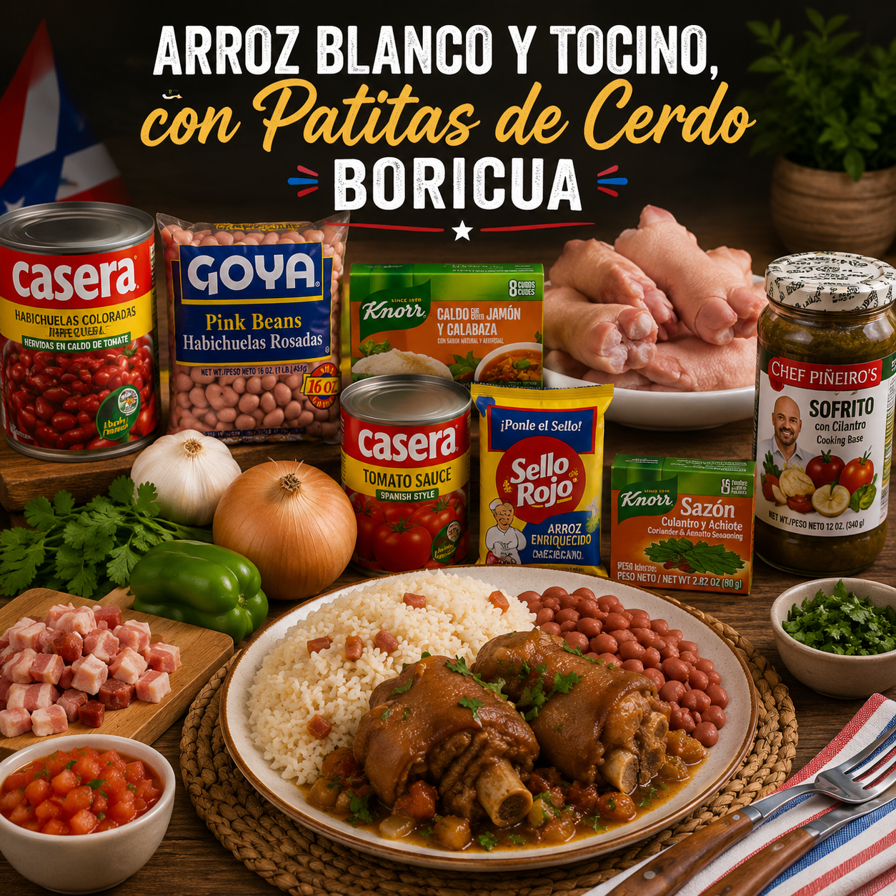 Arroz con tocino y patitas de cerdo al estilo boricua con Shipping Incluido