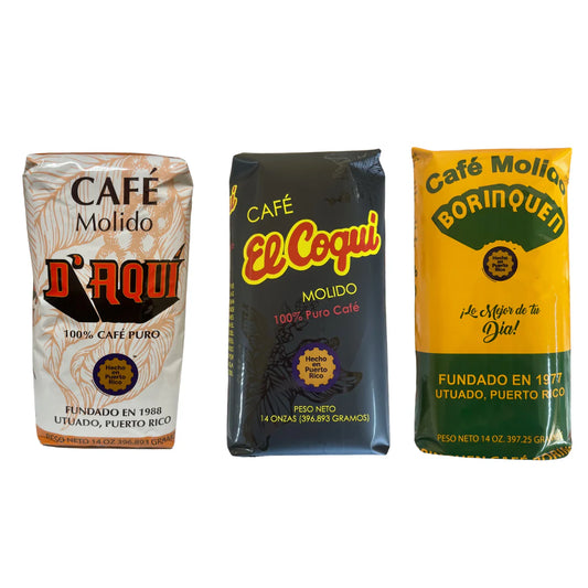 Trío Pack de Café de Puerto Rico, D'aqui, El Coqui y Borinquen 14oz.